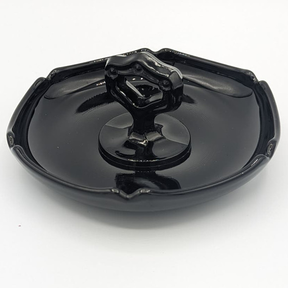 LE Smith Black Glass Tidbit Tray Vintage Ebony Nut Dish with Handle Hexagon - Picture 1 of 7